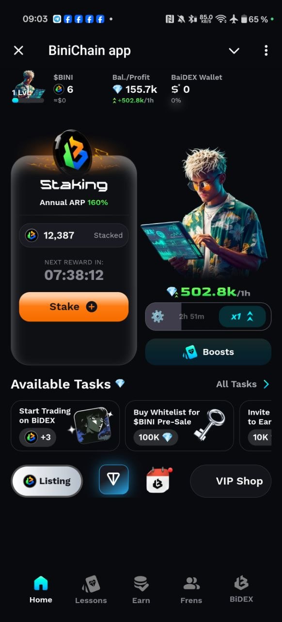 BiniChain Mini App: стейкинг до 160% годовых и задания